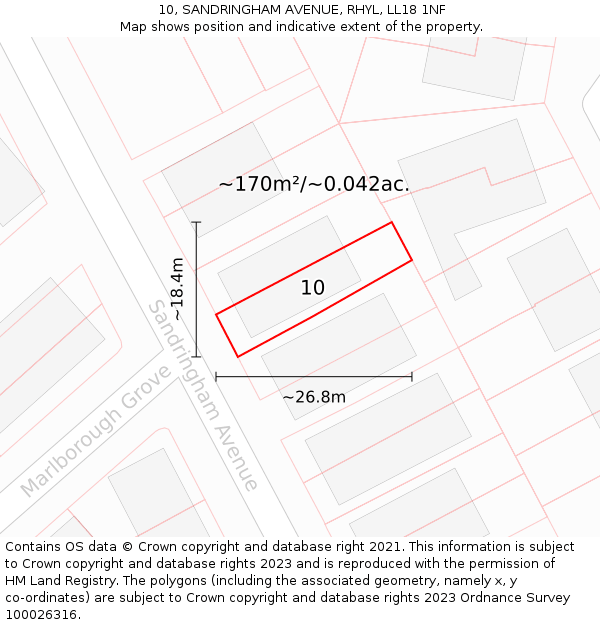 10, SANDRINGHAM AVENUE, RHYL, LL18 1NF: Plot and title map