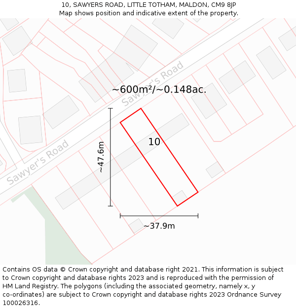 10, SAWYERS ROAD, LITTLE TOTHAM, MALDON, CM9 8JP: Plot and title map