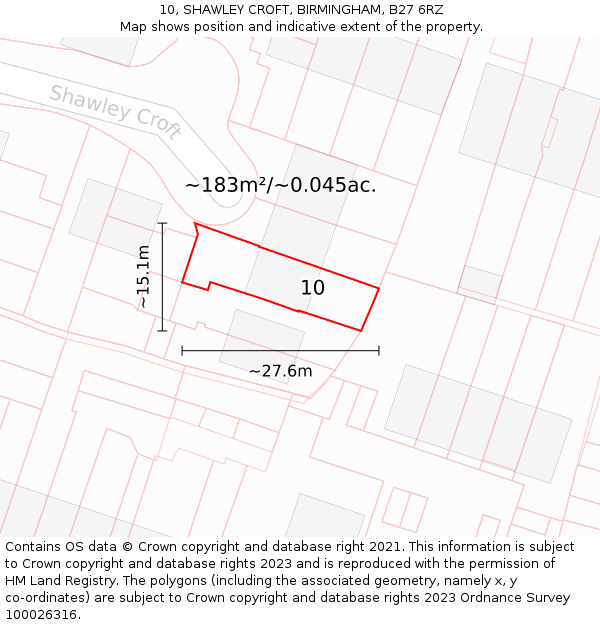 10, SHAWLEY CROFT, BIRMINGHAM, B27 6RZ: Plot and title map