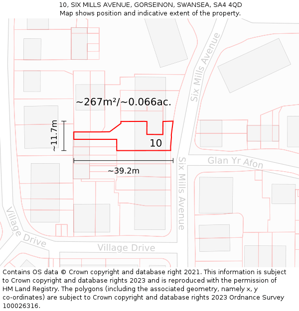 10, SIX MILLS AVENUE, GORSEINON, SWANSEA, SA4 4QD: Plot and title map