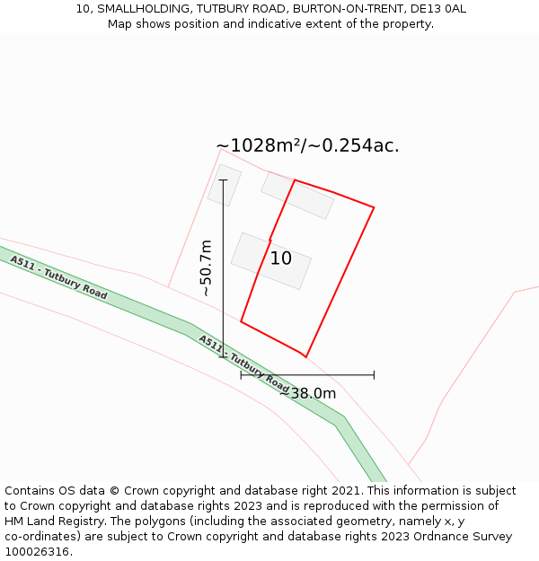 10, SMALLHOLDING, TUTBURY ROAD, BURTON-ON-TRENT, DE13 0AL: Plot and title map