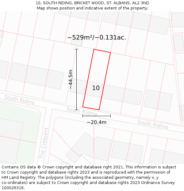 10, SOUTH RIDING, BRICKET WOOD, ST. ALBANS, AL2 3ND: Plot and title map