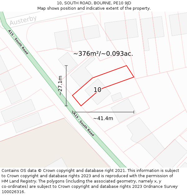 10, SOUTH ROAD, BOURNE, PE10 9JD: Plot and title map