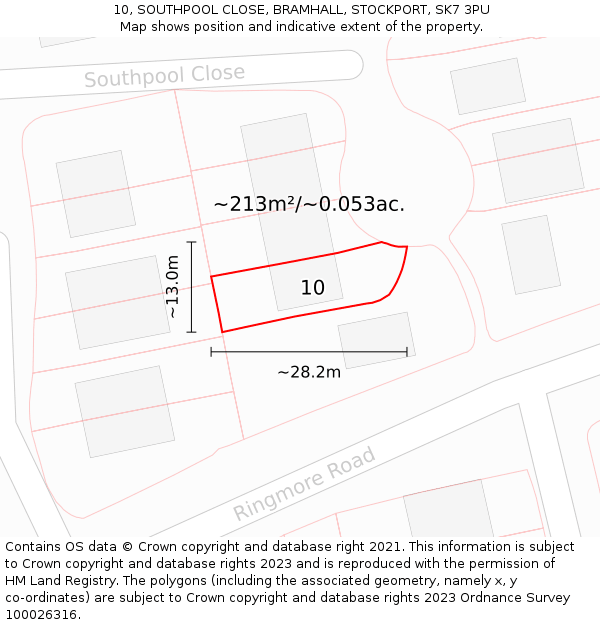 10, SOUTHPOOL CLOSE, BRAMHALL, STOCKPORT, SK7 3PU: Plot and title map