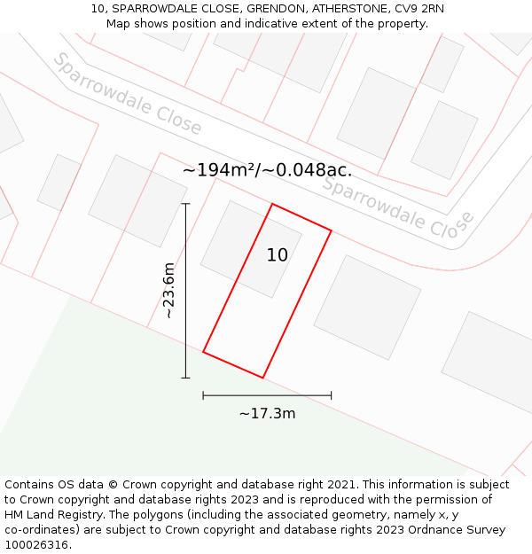 10, SPARROWDALE CLOSE, GRENDON, ATHERSTONE, CV9 2RN: Plot and title map