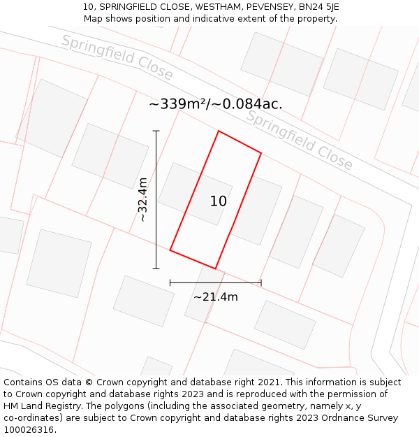 10, SPRINGFIELD CLOSE, WESTHAM, PEVENSEY, BN24 5JE: Plot and title map