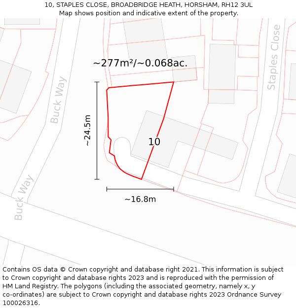 10, STAPLES CLOSE, BROADBRIDGE HEATH, HORSHAM, RH12 3UL: Plot and title map