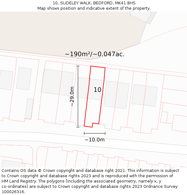 10, SUDELEY WALK, BEDFORD, MK41 8HS: Plot and title map