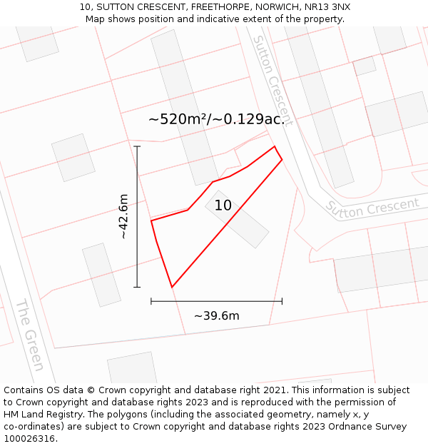 10, SUTTON CRESCENT, FREETHORPE, NORWICH, NR13 3NX: Plot and title map