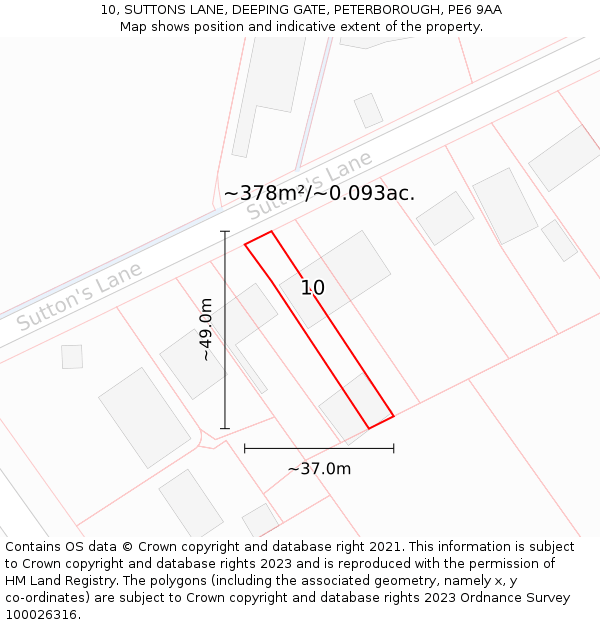 10, SUTTONS LANE, DEEPING GATE, PETERBOROUGH, PE6 9AA: Plot and title map