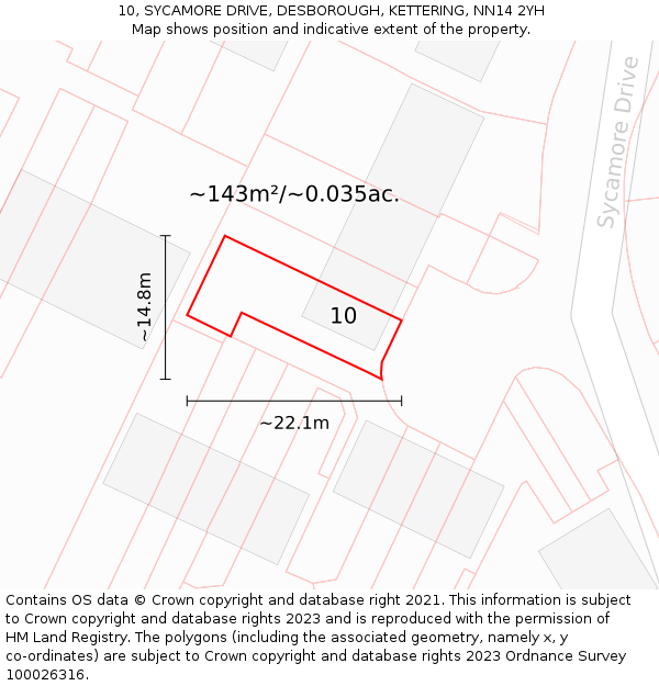 10, SYCAMORE DRIVE, DESBOROUGH, KETTERING, NN14 2YH: Plot and title map