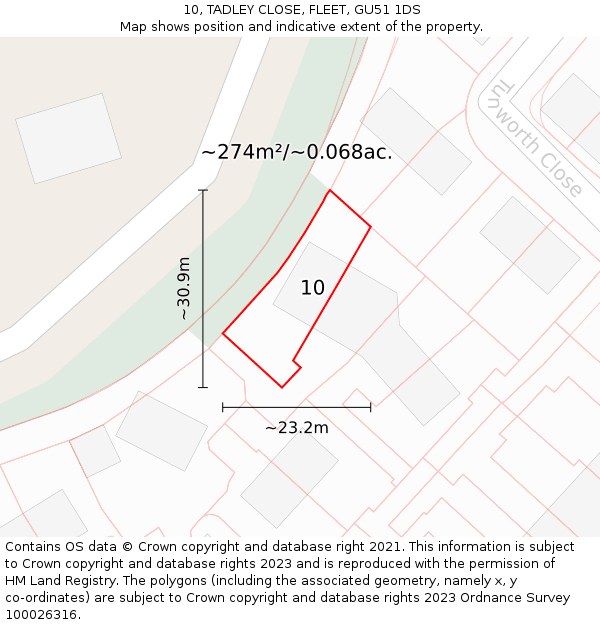 10, TADLEY CLOSE, FLEET, GU51 1DS: Plot and title map