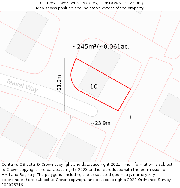 10, TEASEL WAY, WEST MOORS, FERNDOWN, BH22 0PQ: Plot and title map