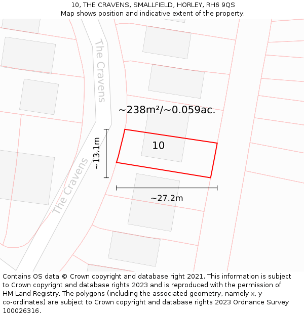 10, THE CRAVENS, SMALLFIELD, HORLEY, RH6 9QS: Plot and title map