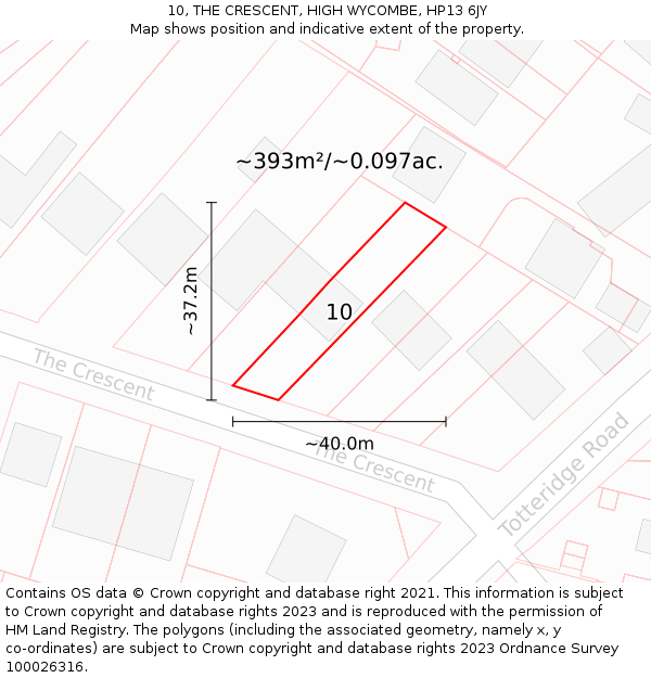 10, THE CRESCENT, HIGH WYCOMBE, HP13 6JY: Plot and title map