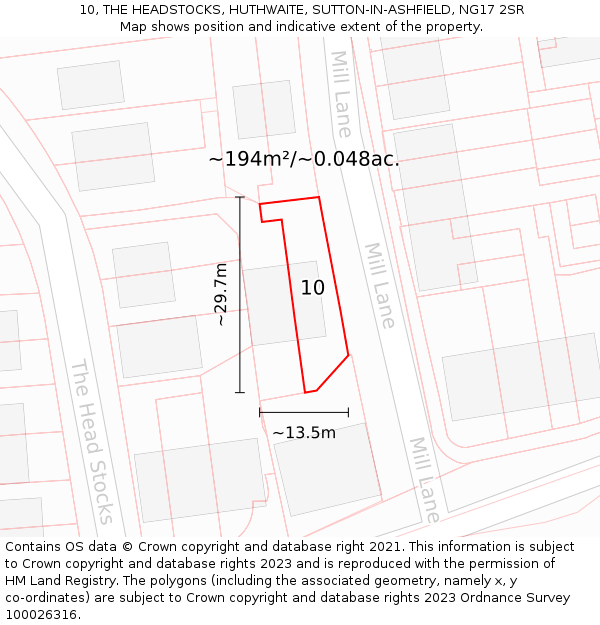 10, THE HEADSTOCKS, HUTHWAITE, SUTTON-IN-ASHFIELD, NG17 2SR: Plot and title map