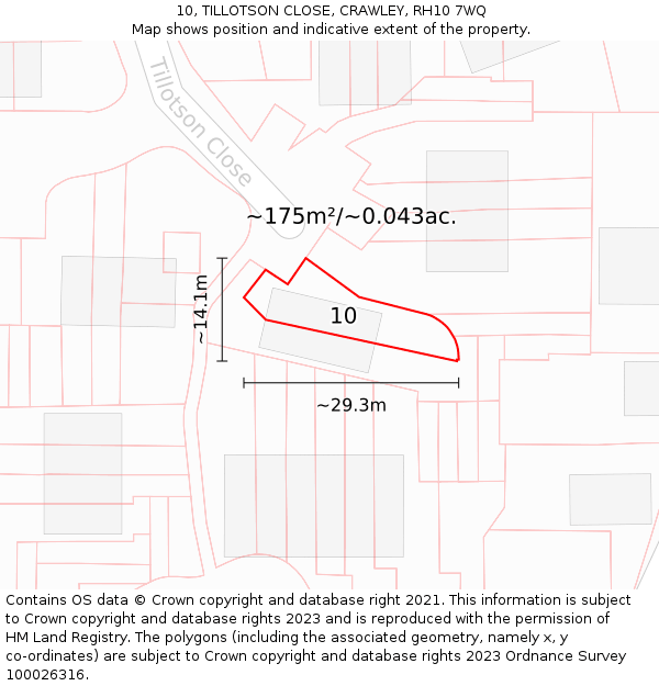 10, TILLOTSON CLOSE, CRAWLEY, RH10 7WQ: Plot and title map