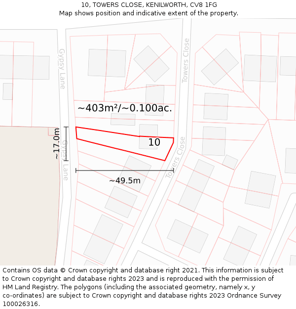 10, TOWERS CLOSE, KENILWORTH, CV8 1FG: Plot and title map