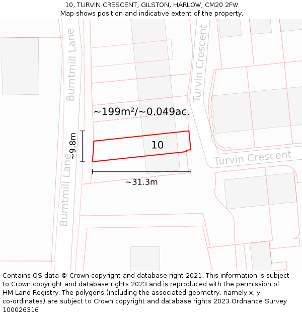 10, TURVIN CRESCENT, GILSTON, HARLOW, CM20 2FW: Plot and title map