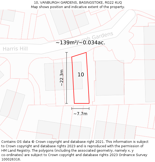 10, VANBURGH GARDENS, BASINGSTOKE, RG22 4UQ: Plot and title map