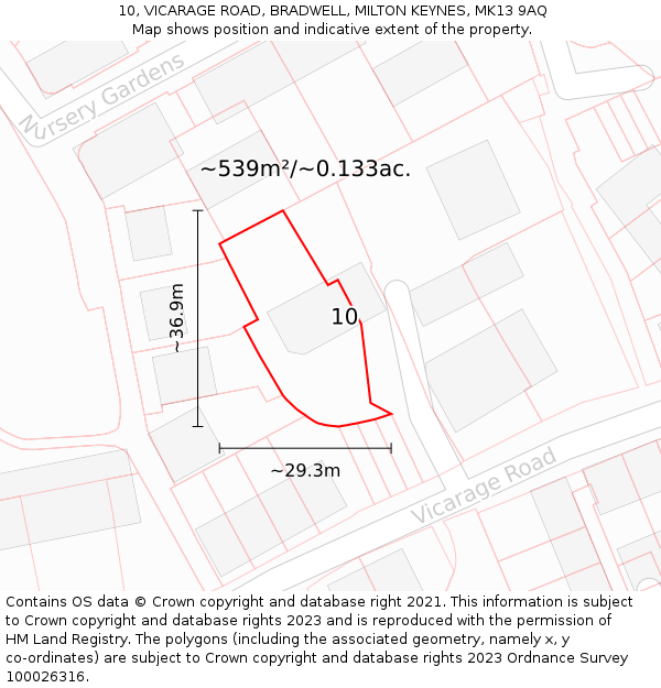 10, VICARAGE ROAD, BRADWELL, MILTON KEYNES, MK13 9AQ: Plot and title map