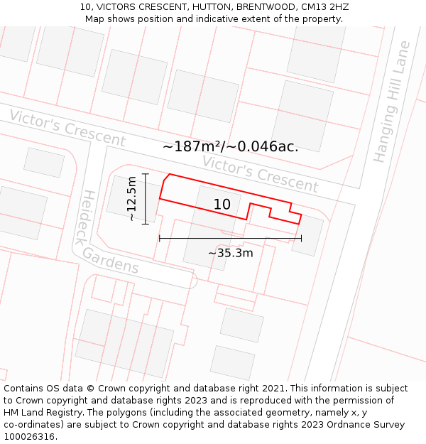 10, VICTORS CRESCENT, HUTTON, BRENTWOOD, CM13 2HZ: Plot and title map