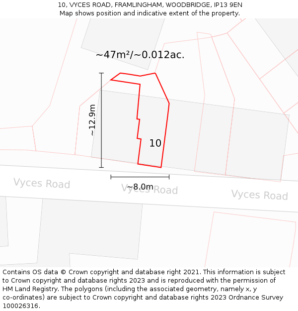 10, VYCES ROAD, FRAMLINGHAM, WOODBRIDGE, IP13 9EN: Plot and title map