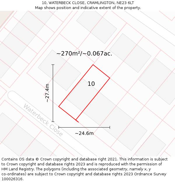 10, WATERBECK CLOSE, CRAMLINGTON, NE23 6LT: Plot and title map
