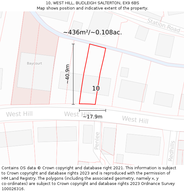 10, WEST HILL, BUDLEIGH SALTERTON, EX9 6BS: Plot and title map