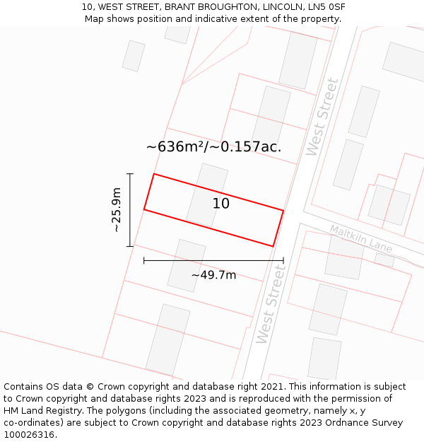 10, WEST STREET, BRANT BROUGHTON, LINCOLN, LN5 0SF: Plot and title map