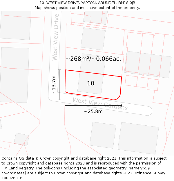10, WEST VIEW DRIVE, YAPTON, ARUNDEL, BN18 0JR: Plot and title map