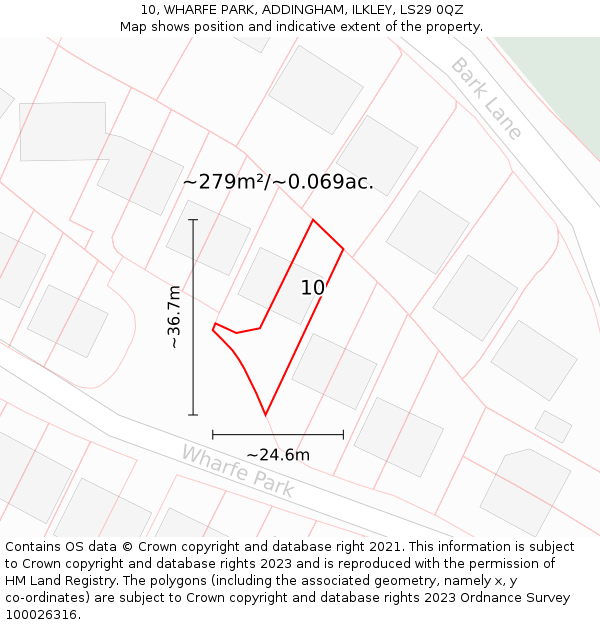 10, WHARFE PARK, ADDINGHAM, ILKLEY, LS29 0QZ: Plot and title map