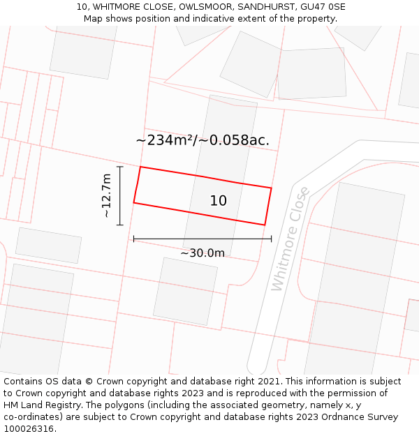 10, WHITMORE CLOSE, OWLSMOOR, SANDHURST, GU47 0SE: Plot and title map