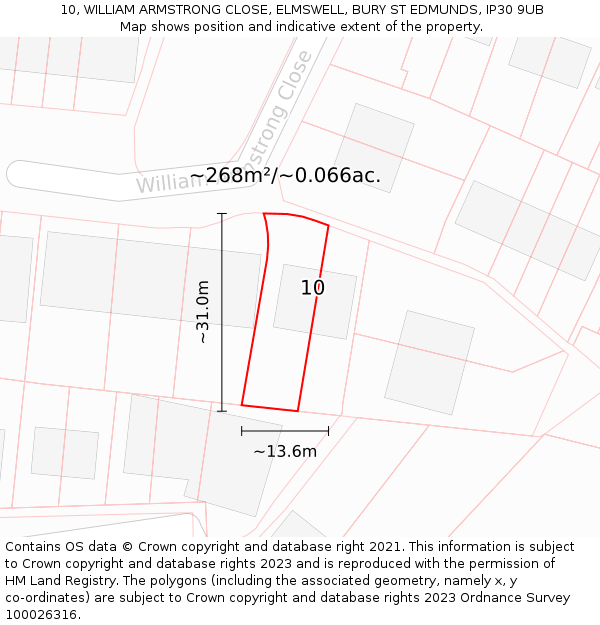 10, WILLIAM ARMSTRONG CLOSE, ELMSWELL, BURY ST EDMUNDS, IP30 9UB: Plot and title map