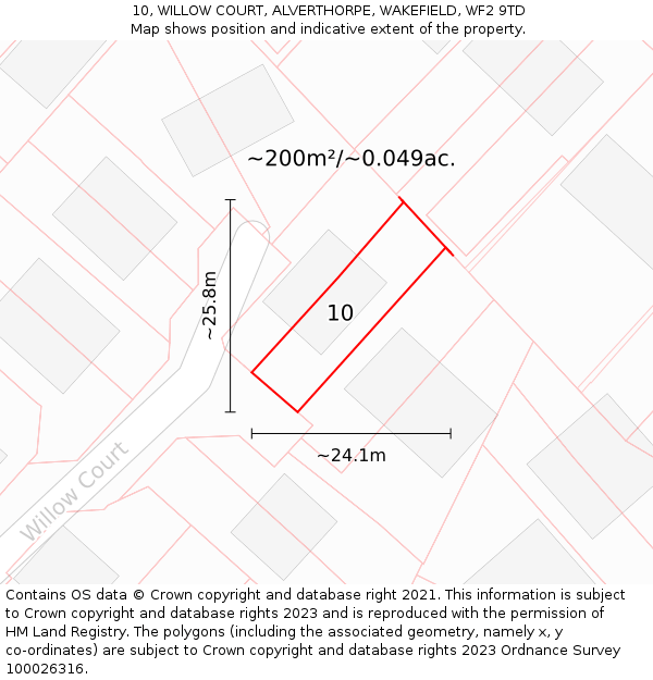 10, WILLOW COURT, ALVERTHORPE, WAKEFIELD, WF2 9TD: Plot and title map
