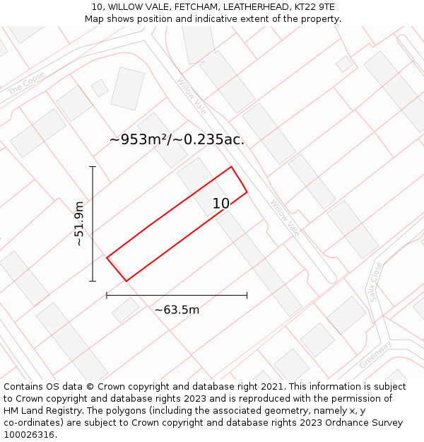 10, WILLOW VALE, FETCHAM, LEATHERHEAD, KT22 9TE: Plot and title map