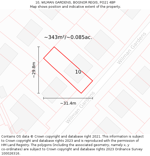 10, WILMAN GARDENS, BOGNOR REGIS, PO21 4BP: Plot and title map