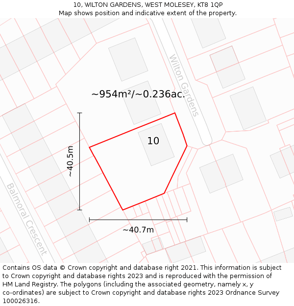 10, WILTON GARDENS, WEST MOLESEY, KT8 1QP: Plot and title map