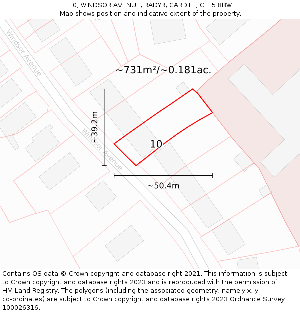 10, WINDSOR AVENUE, RADYR, CARDIFF, CF15 8BW: Plot and title map