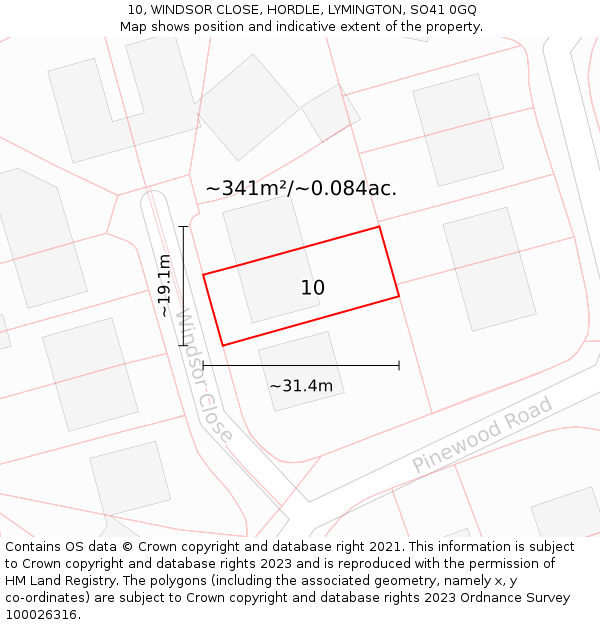 10, WINDSOR CLOSE, HORDLE, LYMINGTON, SO41 0GQ: Plot and title map