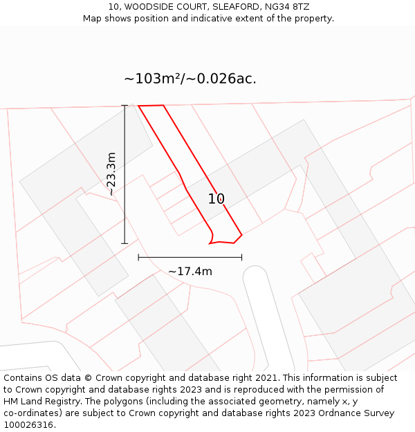 10, WOODSIDE COURT, SLEAFORD, NG34 8TZ: Plot and title map