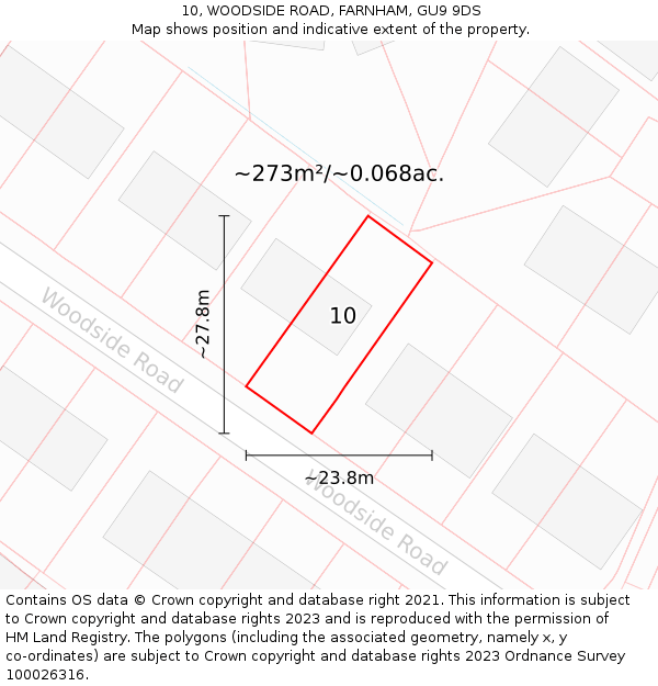 10, WOODSIDE ROAD, FARNHAM, GU9 9DS: Plot and title map