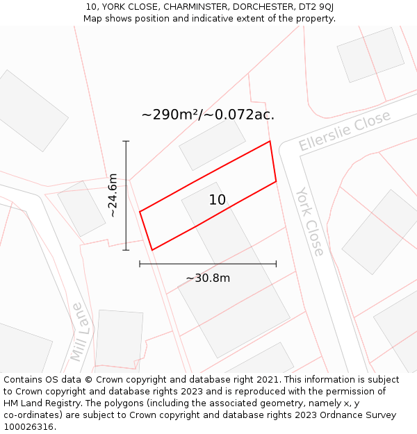 10, YORK CLOSE, CHARMINSTER, DORCHESTER, DT2 9QJ: Plot and title map