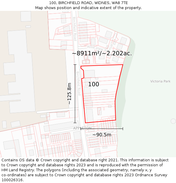 100, BIRCHFIELD ROAD, WIDNES, WA8 7TE: Plot and title map