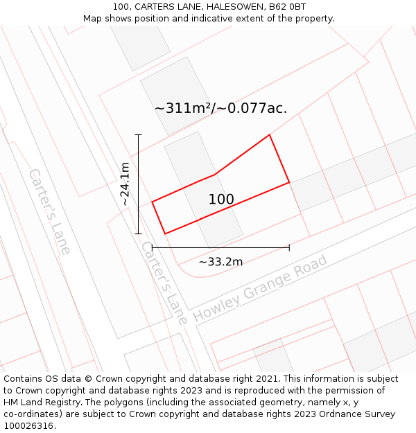 100, CARTERS LANE, HALESOWEN, B62 0BT: Plot and title map