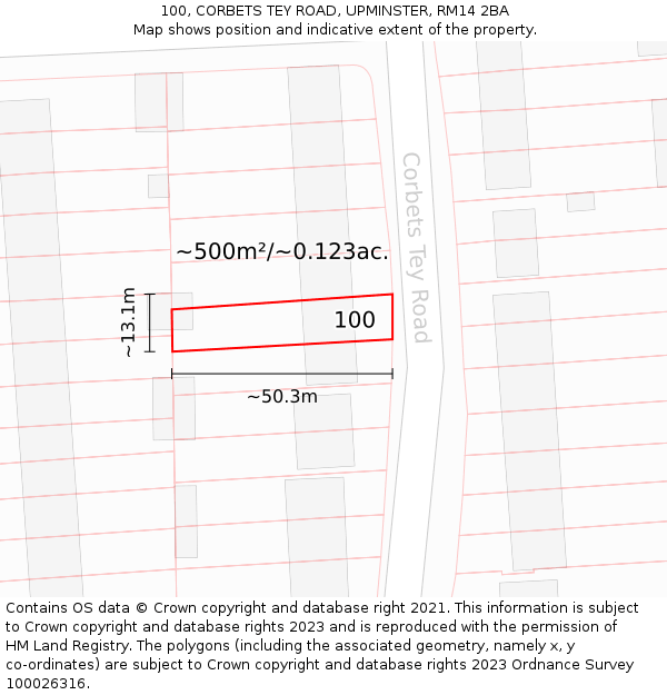 100, CORBETS TEY ROAD, UPMINSTER, RM14 2BA: Plot and title map