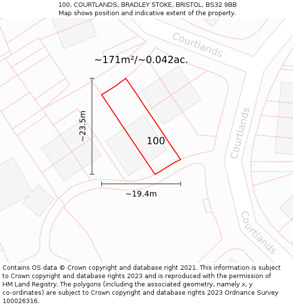 100, COURTLANDS, BRADLEY STOKE, BRISTOL, BS32 9BB: Plot and title map