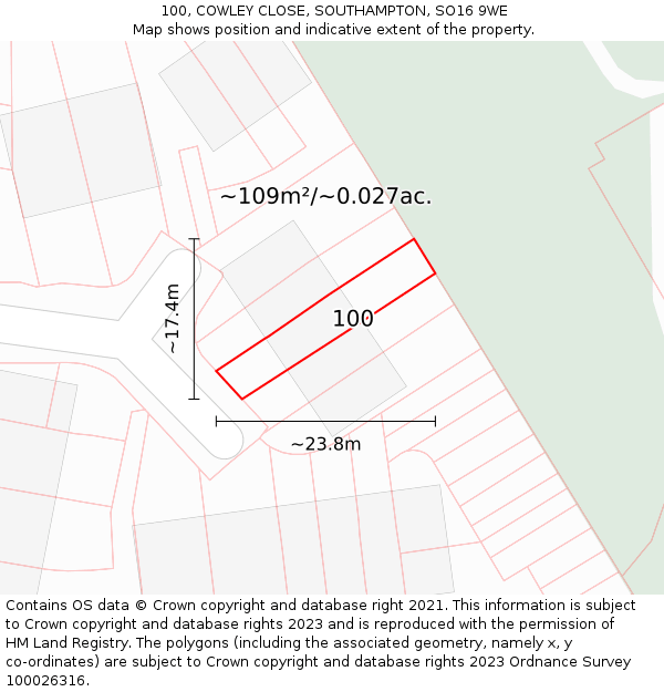 100, COWLEY CLOSE, SOUTHAMPTON, SO16 9WE: Plot and title map