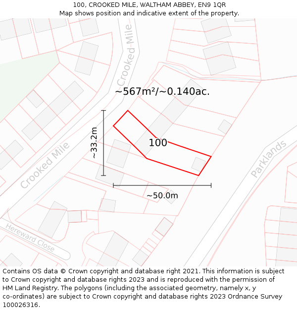 100, CROOKED MILE, WALTHAM ABBEY, EN9 1QR: Plot and title map