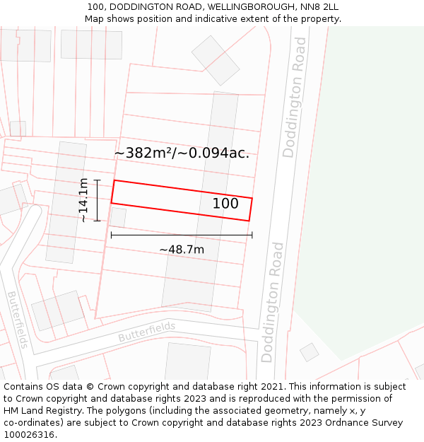 100, DODDINGTON ROAD, WELLINGBOROUGH, NN8 2LL: Plot and title map